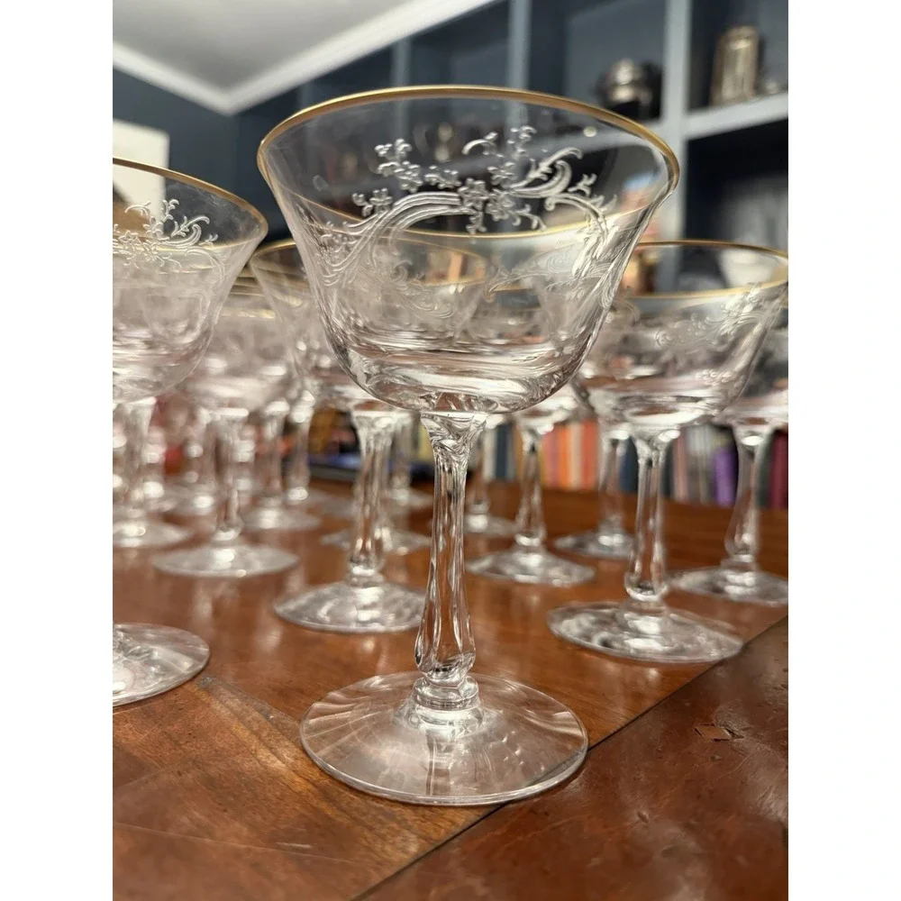 Golden‎ Lace by Fostoria Champagne Tall Sherbert Set of 10 Vintage Etched w/Gold